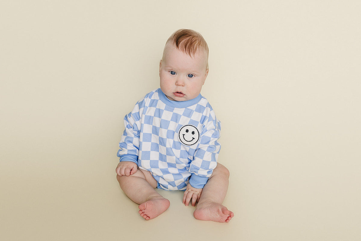 Bubble Romper | Checkered Smiley Blue