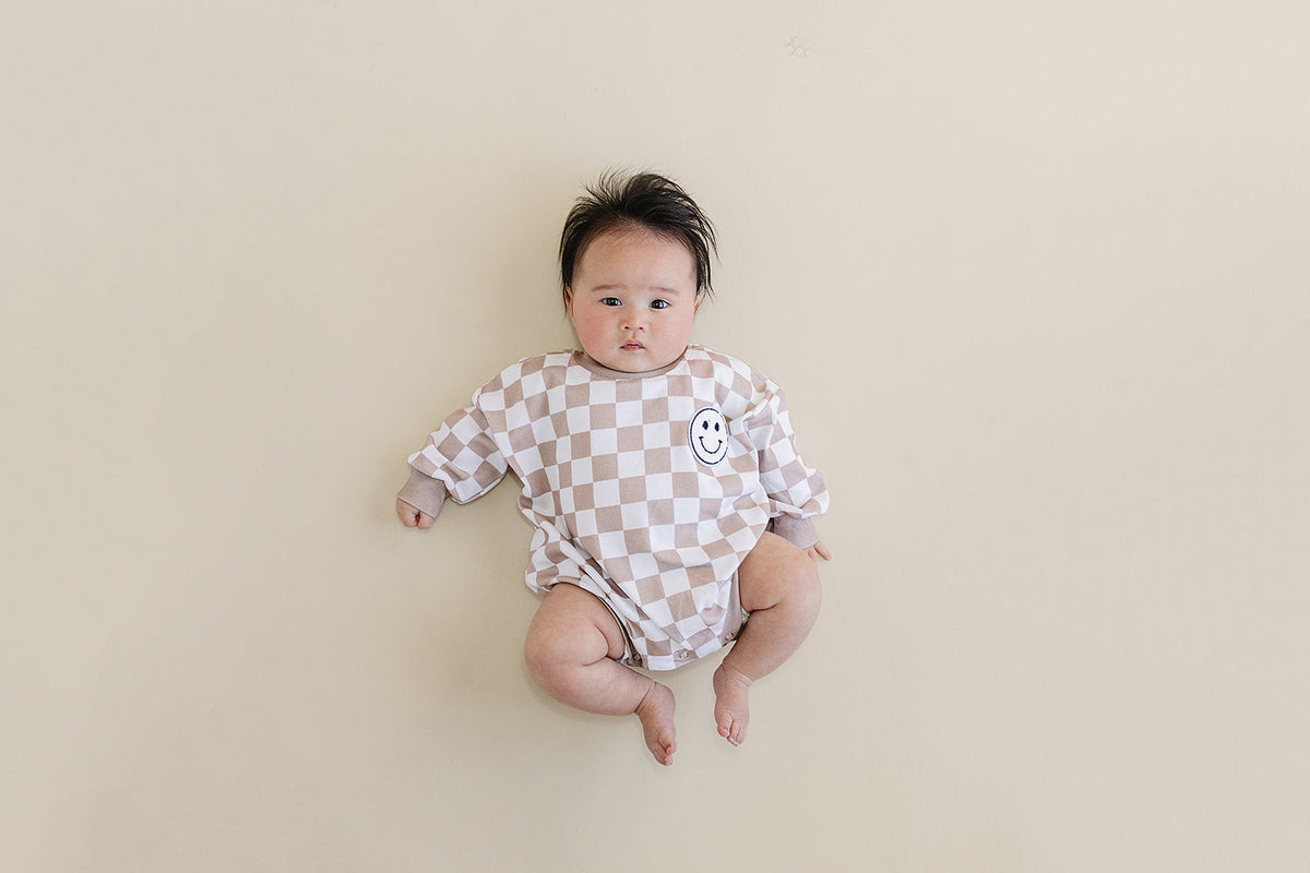 Bubble Romper | Checkered Smiley Latte