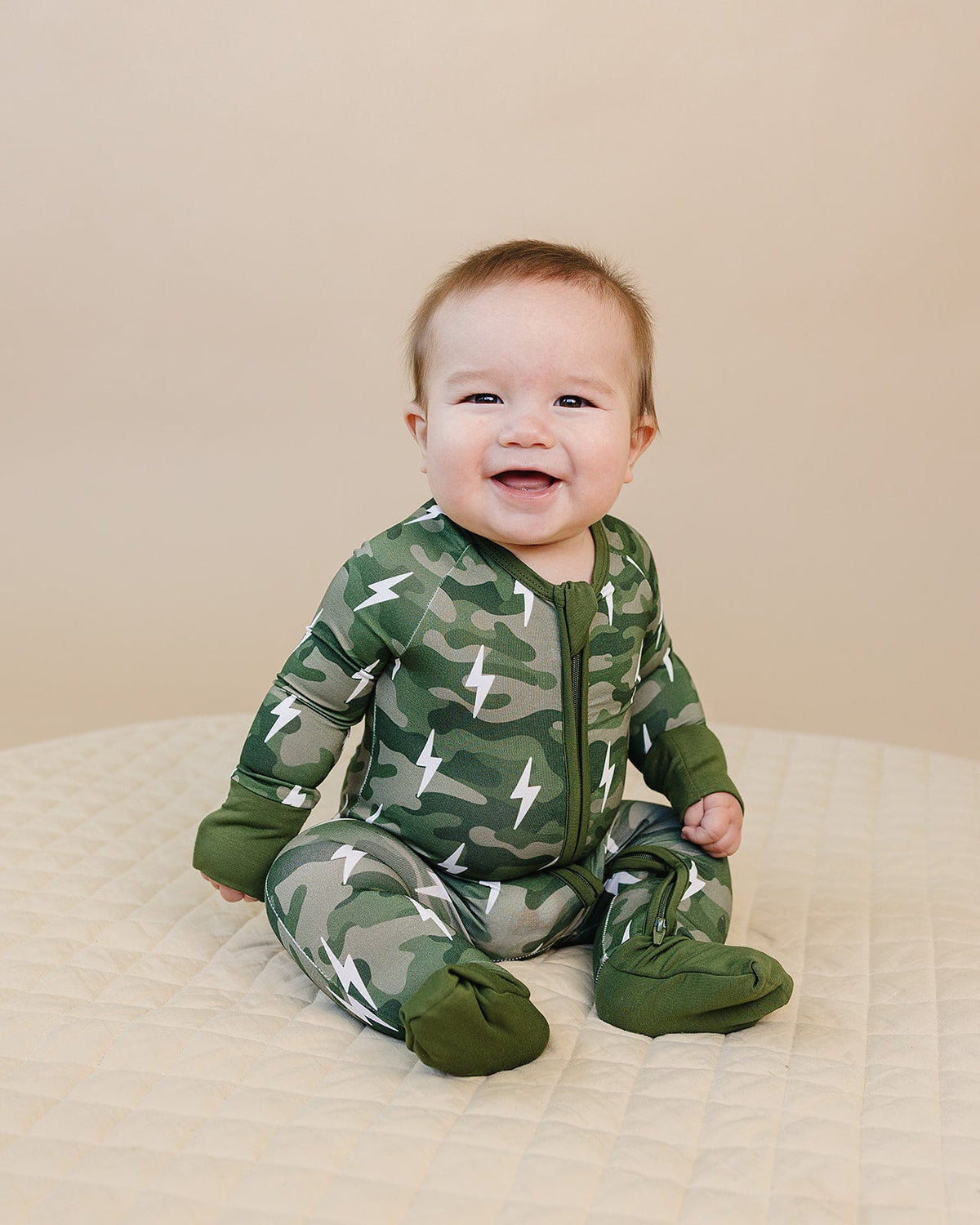 Bamboo Zip Romper | Green Camo Bolts