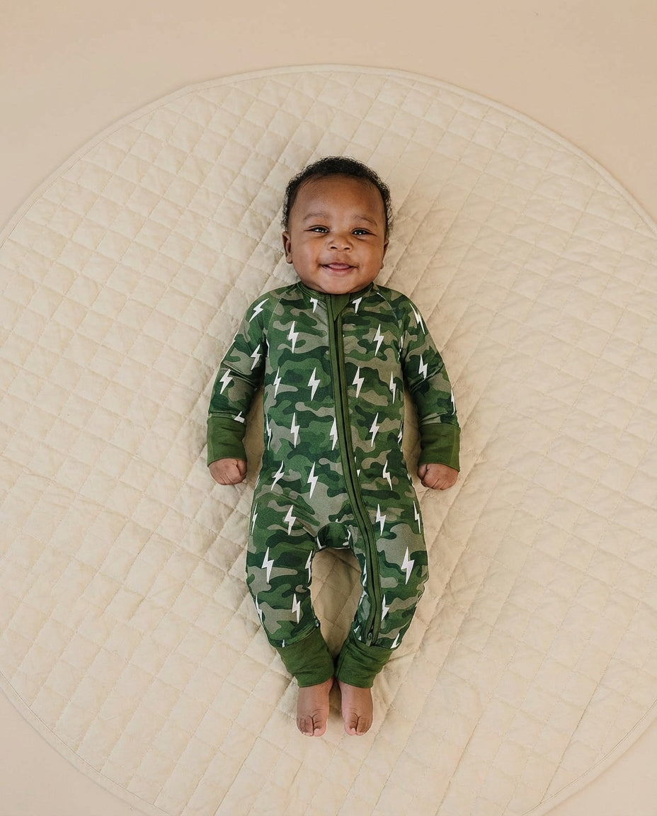 Bamboo Zip Romper | Green Camo Bolts
