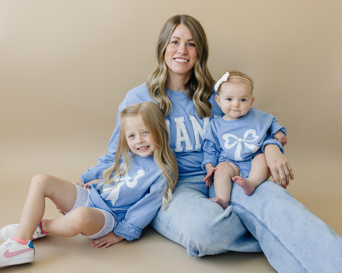 Blue Toile Applique Bow: Baby Sweatshirt Romper or Crewneck