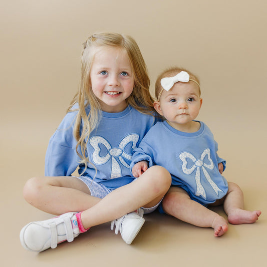 Blue Toile Applique Bow: Baby Sweatshirt Romper or Crewneck